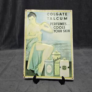 Vintage Chromolithograph on Metal Colgate Talcum Powder Advertising Sign
